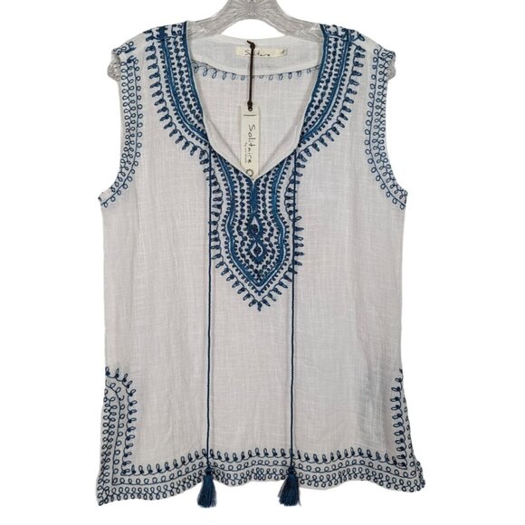 Solitaire by Ravi Khosla sleeveless blue white Summer bohemian embroidered Tunic - Picture 1 of 15